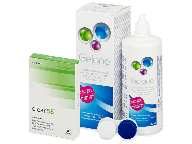 Clear 58 (6 db lencse) + Gelone kontaktlencse folyadék 360 ml - Kedvezményes csomag