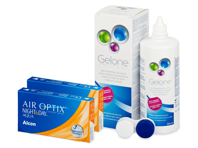 Air Optix Night and Day Aqua (2x3 db lencse) + 360 ml Gelone ápolószer - Kedvezményes csomag
