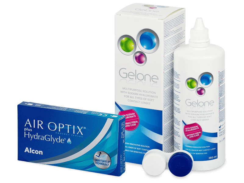 Air Optix plus HydraGlyde (3 db lencse) + Gelone kontaktlencse folyadék 360 ml - Kedvezményes csomag