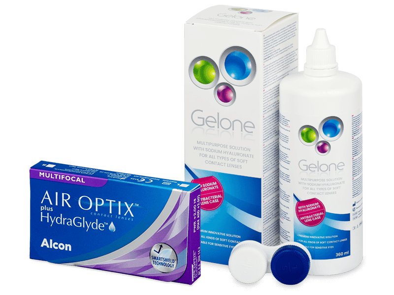 Air Optix plus HydraGlyde Multifocal (3 db lencse) + Gelone kontaktlencse folyadék 360 ml - Kedvezményes csomag