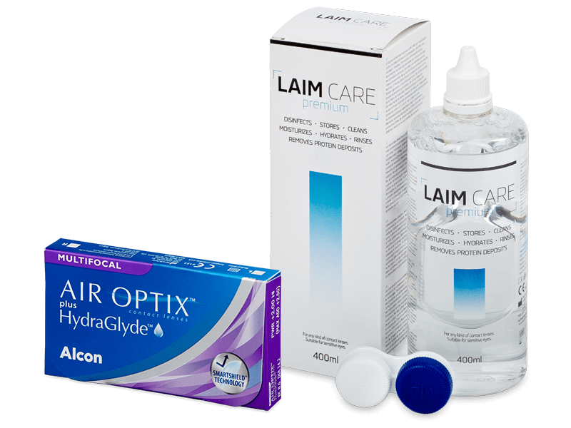 Air Optix plus HydraGlyde Multifocal (3 db lencse) + 400 ml Laim-Care ápolószer - Kedvezményes csomag
