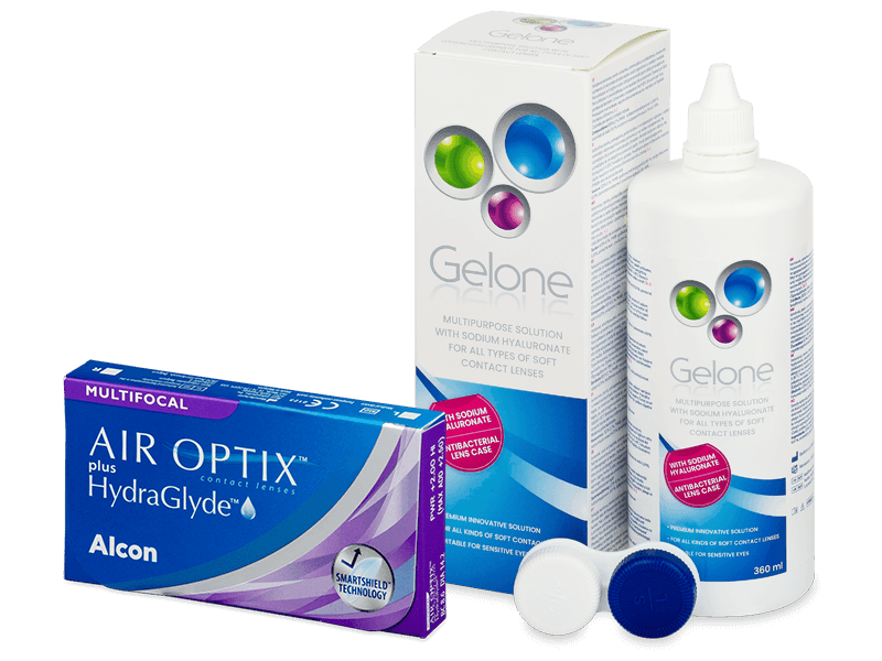 Air Optix plus HydraGlyde Multifocal (6 db lencse) + Gelone kontaktlencse folyadék 360 ml - Kedvezményes csomag