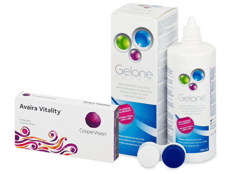 Avaira Vitality (3 db lencse) + Gelone kontaktlencse folyadék 360 ml - Kedvezményes csomag